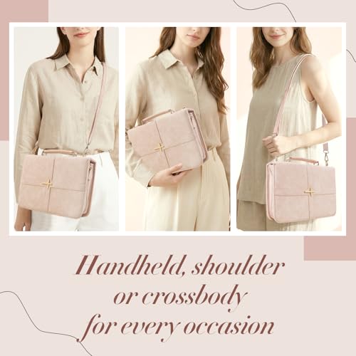 Classic Leather Bible Cover Case with Cross Design and Handle & Shoulder Strap for Women, Durable Bible Study Supplies Organizer Carrying Bag, Christmas Gifts for Christians with Gift Box(Pink - color: Pink( With Strap)