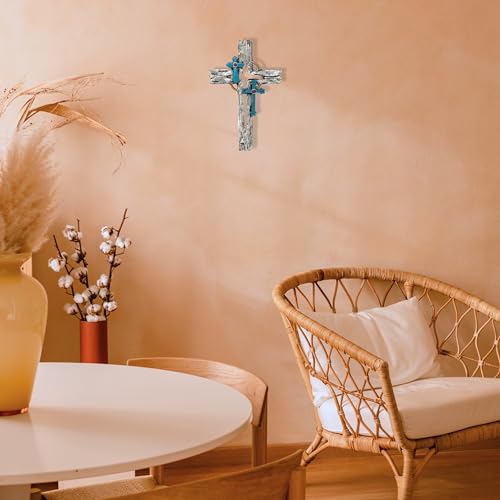 Layered Faux Driftwood Cutout Wall Cross - Resin Rustic Turquoise Crucifix