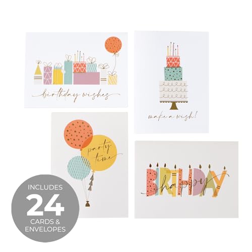 Masterpiece Colorful Party Time Birthday Cards / 24 Boxed Birthday Note Cards With Shiny Gold Foil Accents And Colored Envelopes / 4 5/8" x 6 1/4" Folded Greeting Cards With Inside Verses / 4 Modern Designs - color: Colorful Party Time