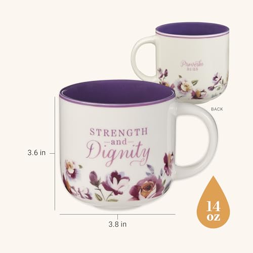 Christian Art Gifts Large Ceramic Coffee & Tea Mug for Women - color: White & Purple Floral/Strength & Dignity, size: 14 Ounces