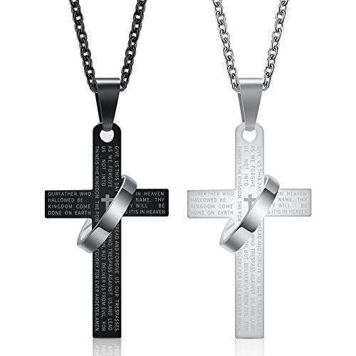 Lord's Prayer Engraved Cross Pendant Necklace with Ring Stainless Steel Religious Jewelry for Men and Women, Faith-Inspired Gift - color: Silver