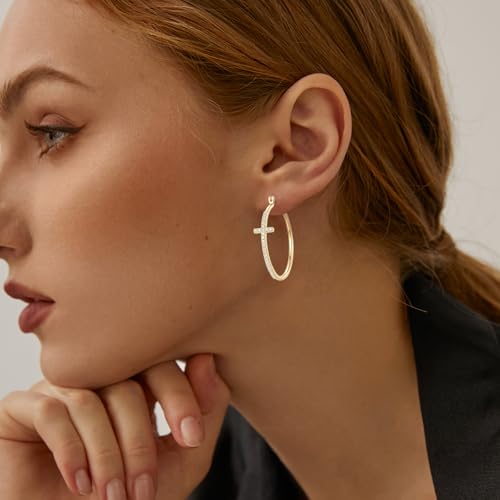 Gold Cross Earrings for Women 14K Gold Hoop Earrings Shining Trendy with Cubic Zirconia Mix of Style and Personality Large CZ Hoops Earring 30/35/40mm - size: 35mm