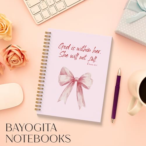 Pink Coquette Bow Christian Spiral Notebooks, God is Within Her She Will Not Fall Bible Journal, Religious Prayer Journal for Woman, Coquette Girly Office Supplies, 5.5x8.3 Inches - color: Coquette Bow Bible