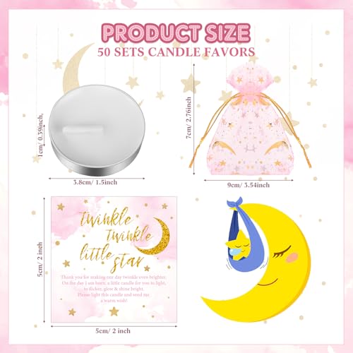 50 Sets Twinkle Twinkle Baby Shower Candle Favors 50 Pcs Tealight Candles for Guests with 50 Moon Star Organza Bags and 50 Little Star Thank You Tags for Gender Reveal(Pink)