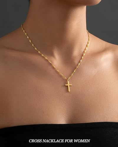 Cross Necklace for Women 14K Gold Plated Cross Necklace Dainty Cross Pendant Necklaces Easter Christian Baptism Religious Faith Jewelry Gifts - color: 14K-Gold Plated dainty Cross