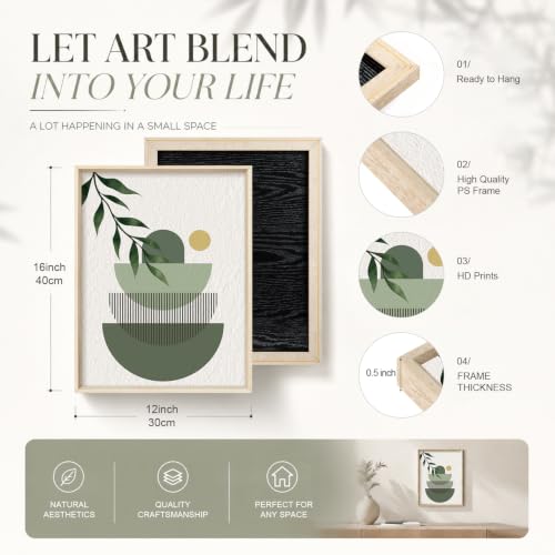 HOURIA Boho Sage Green Geometric Framed Canvas Wall Art Set- 12"x16"x3 - color: Boho Sage Green Wall Art, size: 12"L x 16"W