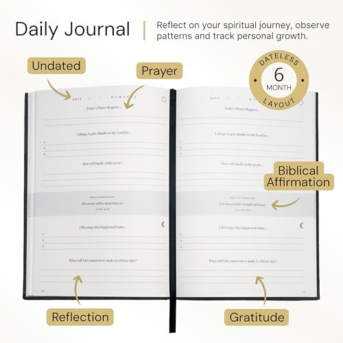 Christian Journal Co Daily Prayer & Gratitude Journal - 6 Months | Black Leather Day Planner for Bible Affirmations & Prayer Requests | Positivity Book for Study & Praying | Religious Gift - color: Black And Gold
