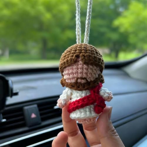 Cute Jesus Car Charm Gifts for Women, Positive Crochet Little Jesus Figures Rearview Mirror Accessory Swinging Car Ornament, Elegant Christian Religious Birthday Gift fo Mom Dad Men Friend