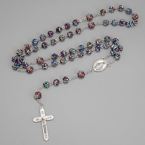 Nazareth Store Rhinestones Crystal Beads Rosary, Catholic Rosary Necklace with Silver Miraculous Medal INRI Crucifix, Multicolor Rosaries in a Gift Case - color: Colorful Black with Colorful White Beads