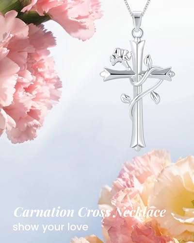 ACECHA Silver Cross Necklace for Women, Crosses Pendant with Birthflower - color: Z Carnation