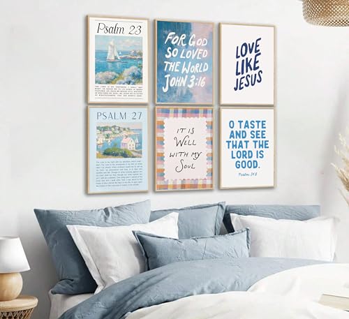 XBQZFLHT Coastal Christian Wall Art Blue Bible Verse Posters Trendy Dorm Room Prints Beachy Scripture Psalm Christian Artwork for Girls Bedroom Living Room Office 12x16 Inch Unframed - color: Blue, size: 16"L x 12"W