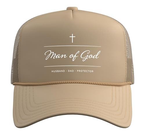 Father's Day Husband Dad Protector Christian Dad Man of God Trucker Hat with Adjustable Mesh Back - color: Khaki