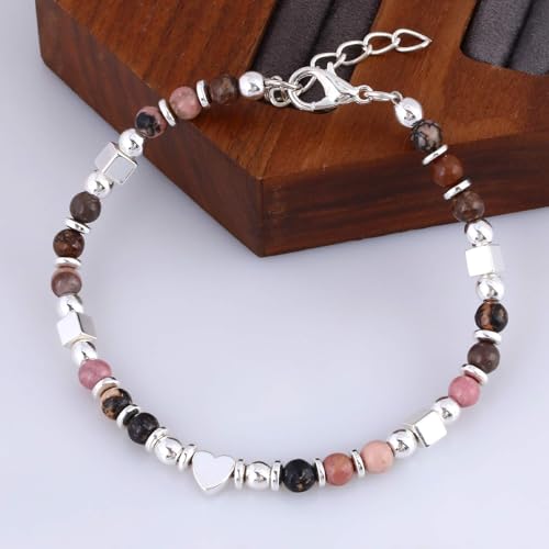 Beaded Bracelets for Women, Inspirational Natural Gemstone Bracelets Graduation Mothers Day Christmas Birthday Gifts for Mom, Daughter, Granddaughter, Wife, Sister, Best Friend - color: Rhodonite, style: Heart
