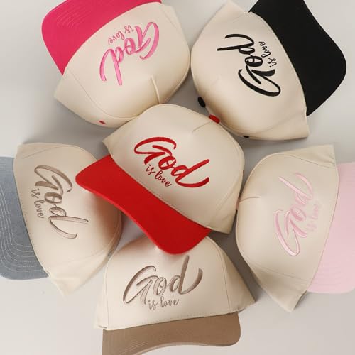MIRMARU Christian Theme 5 Panel Embroidered Cotton Trucker Hat with Inspirational Faith Sayings for Men and Women - color: God is Love, Beige