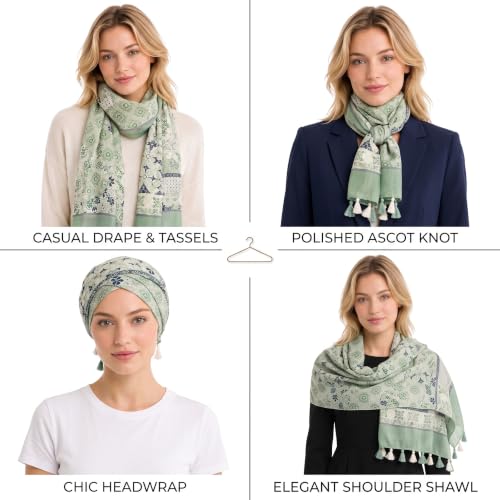 YOUR SMILE Large Boho Scarf for Women Lightweight Floral Printed Scarves Fall Winter Fashion Fringed Shawl wraps - color: 02 Light Green