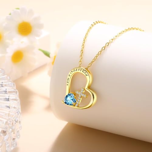 Birthstone Cross Necklace for Girls, Child of God Cross Gifts Jewelry - color: 03. March, style: 02. Yellow color
