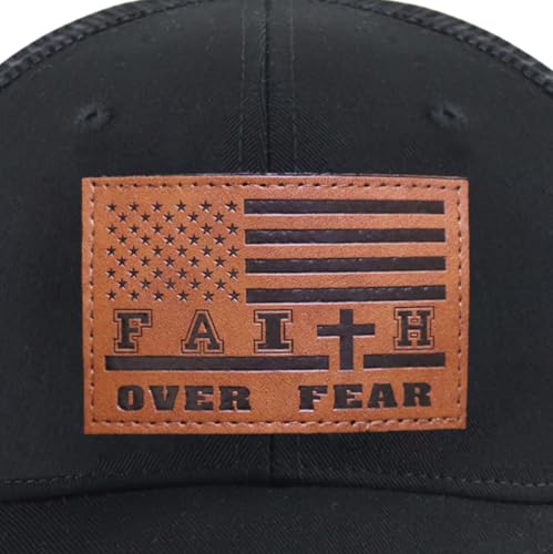 Leather American Flag Faith Over Fear Trucker Hats for Men Women, Adjustable Mesh Snapback Baseball Cap - color: Black