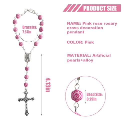 smilfuy 2PCS Car Rosary for Rearview Mirror, Pink Rose Rosary Pendant - color: Rose