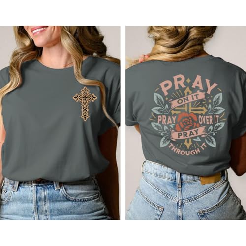 Pairxily Christian Shirts for Women Pray Bible Verse Cross Graphic Shirt Faith Religious Vintage Shirts Floral Boho Tops - color: Deep Gray, size: Small