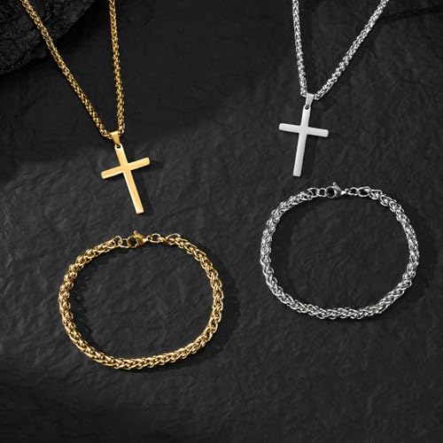 NORBU Stainless Steel Cross Necklace and Bracelet Set for Men, Cuban Link - color: Gold Wheat