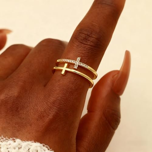 Sora Tuki Gold Cross Rings for Women Silver Adjustable Rings for Women Cubic Zirconia Heart Cross Purity Ring Dainty Stackable Ring for Women Christian Religious Jewelry - color: Golden, style: Double Cross