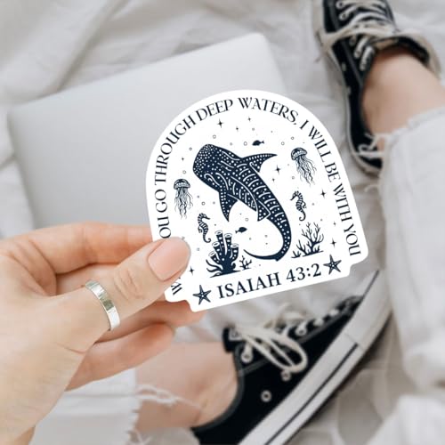 3 Pcs When You Go Through Deep Waters I Will Be with You Bible Verse Stickers, Isaiah 43:2 Christian Faith Ocean Whale Illustration Stickers Die-Cut Waterproof for Laptop, Water Bottle, Phone - size: 7 inch