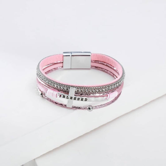 LINGYUAN Cross Bracelet for Women, Leather Religious Christian Jewelry - color: Pink