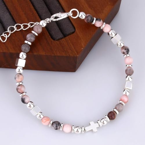 Beaded Bracelets for Women, Inspirational Natural Gemstone Bracelets Graduation Mothers Day Christmas Birthday Gifts for Mom, Daughter, Granddaughter, Wife, Sister, Best Friend - color: Pink Zebra, style: Cross