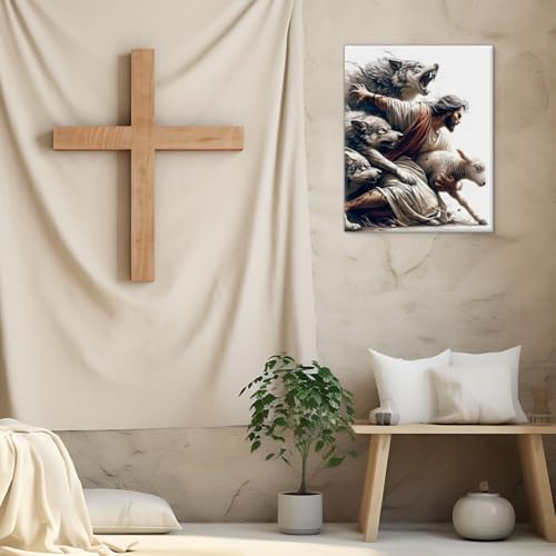 Christian Good Shepherd Wall Art Jesus Saves Lamb Canvas Print Framed - color: color-S
