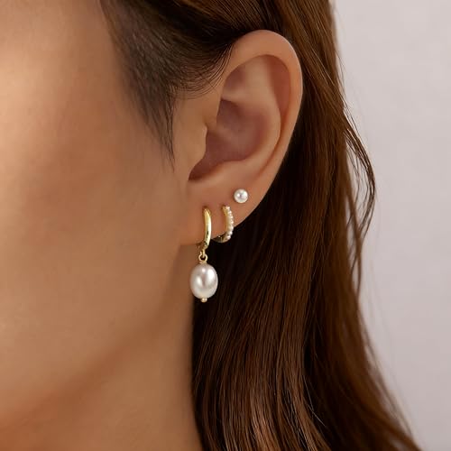 14K Gold Planted Seashell Starfish Stud dangle Earrings for Women, Summer Beach Hoop Earrings for Multiple Piercing Cartilage, Dainty Trendy Dangling Earring 3 Pairs Set Vacation Ocean Outfits Accessories Jewelry - color: Pearl-Gold
