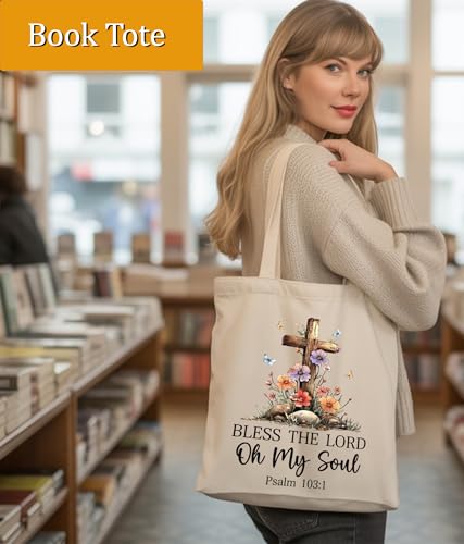 Aesthetic Christian Gifts Tote Bag for Church, Religious Tote Bag for Bible Study, Medium Size with Inner Pocket - color: Bless