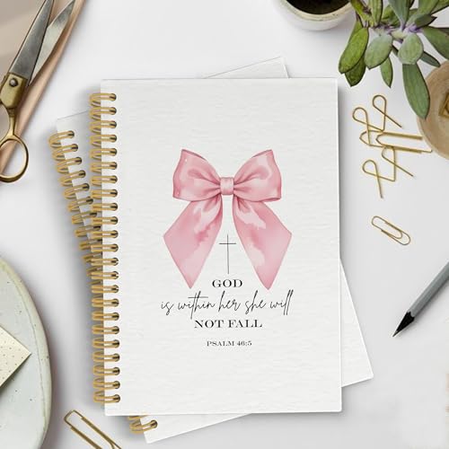 Coquette Pink Bow Christian Spiral Notebook Journal, God Is Within Her She Will Not Fall Bible Notebook, Girly Office Supplies, Preppy Pink Scripture Hardcover Spiral Journal 5.5x8.3 Inches - color: Bow