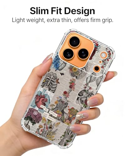 Aesthetic Biology Newspaper Skull Skelton Phone Case Compatible with iPhone 17 Pro, Anatomy Collage Artsy Phone Cover for iPhone 17 Pro - color: Newspaper Skull