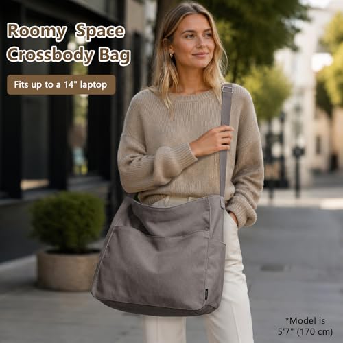 KALIDI Canvas Tote Bag Zipper Large Crossbody Shoulder Bag Messenger Bag - color: *Grey