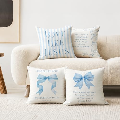 Christian Throw Pillow Covers,Love Like Jesus,Blue Bow Bible Pillow Covers for Bedroom Living Room Decor,Christian Gifts for Women Teen Girls,18x18 Inch Pillowcase Set of 4 - color: Love Like Jesus