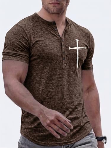 Mens Henley Shirts Vintage Washed Short Sleeve Button T-Shirts for Men Casual Summer Tops S-2XL - color: Brown-yh, size: X-Large