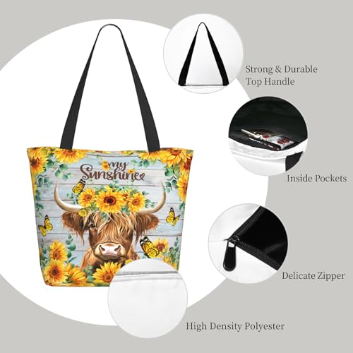 Tote Bag for Women Reusable Shopping Tote Bag Zippered Inspirational Scripture Shoulder Bags - color: Sunflower Cow