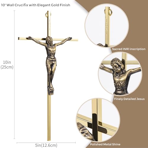 ACHIBANG Crucifix Wall Cross, 10 Inch Gold Metal Catholic Jesus INRI Decor - color: Shiny Gold