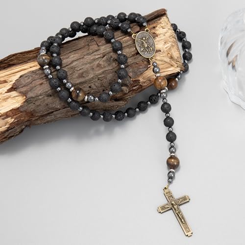 Lava Stone Black Rosary Beads for Men, Catholic Rosary Necklace with Saint Medal & Cross, Yellow Tiger Eye Beads Strong Rosary Cross Necklace in Portable Gift Box - style: Saint Michael