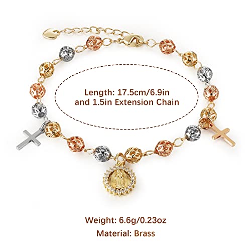 HZMAN Brass Virgin Mary Cross Rosary Bead Bracelet for Women - color: Virgin Mary & Cross