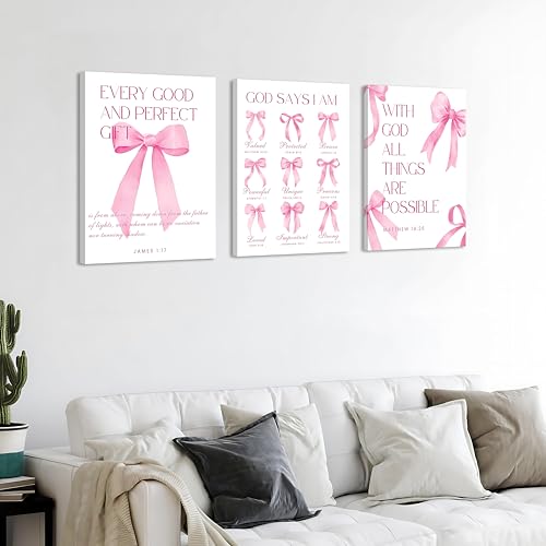 Coquette Pink Bow Wall Art Decor Canvas Posters Framed, Inspirational Bible Verses Bow Wall Decor,Room Bedroom Bathroom Decor Aesthetic for Teen Girls Gifts, 12x16 Inch Set of 3 Bow Pictures - color: Bow canvas, size: 16L"x12W"