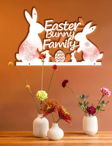 Easter Bunny Family Metal Wall Sign - Easter Decorations for Home, Outdoor & Indoor Walls, Front Door Wreath Style Hanging Decor with Rabbit & Egg Motifs, Weather-Proof White & Carrot Orange Finish - color: Type-5