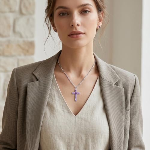 MRENITE Silver Natural Stone Cross Necklace, Classic Latin Cross Pendant Necklace for Unisex Women Man, Vintage Crystal Quartz Cross Necklace with 20+2 Inches Adjustable Cuban Chain - style: Amethyst