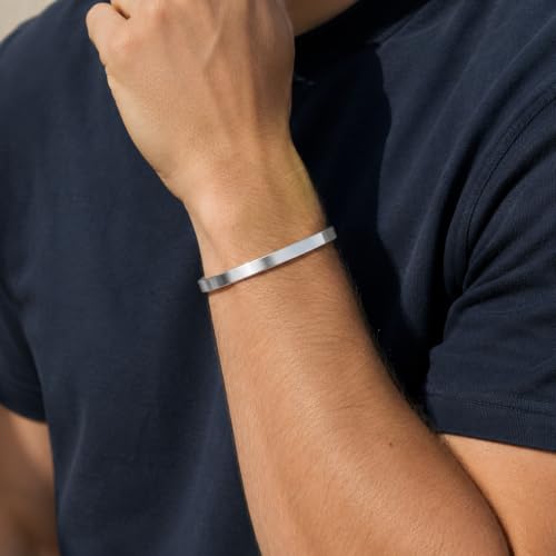 Stainless Steel Cuff Bracelet for Men, Adjustable Open Metal Bangle Bracelet, Minimalist Mens Jewelry Gift - color: black&silver