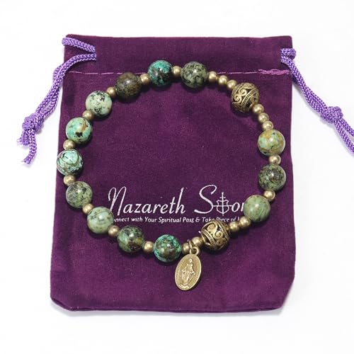Nazareth Store Stone Beads Rosary Bracelet with Metal Separators and Catholic Medal - Durable and Elegant Wrist Jewelry - color: Africa Jasper