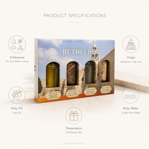Authentic Holy Land Blessing Set – 4-Piece Biblical Elements Gift Box with Anointing Olive Oil, Sacred Jerusalem Soil, Jordan River Holy Water & Aromatic Frankincense Incense (Bethlehem)