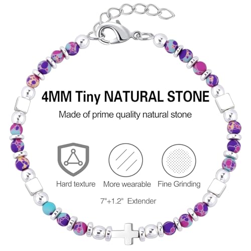 Beaded Bracelets for Women, Inspirational Natural Gemstone Bracelets Graduation Mothers Day Christmas Birthday Gifts for Mom, Daughter, Granddaughter, Wife, Sister, Best Friend - color: Purple, style: Cross