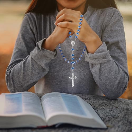 KOMI Rosary Beads Catholic for Women Gemstone Rosary Beads Necklace with Crucifix Cross Crystal Pearl Rosary Rosarios Catolicos Catholic Gifts - style: Deep Blue Crystal