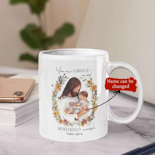 Heartwarming Jesus And Child Coffee Mug, Floral Wreath Ceramic Mug, Christian White Cup, Personalized Name Christian Mug, Novelty Bible Verse Cup 11Oz, Customized Christ Mug - color: XUA-624-2343-Jesus With Newborn Baby