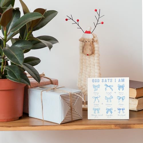Blue God Says I Am Wooden Box Sign,Coquette Blue Bow Christian Bathroom Wooden Signs,Coquette Room Decor,Preppy Bow Bible Verse Decor For Girls Room Bedroom Desk Shelf Tabletop 5x5 Inches - color: Blue bow